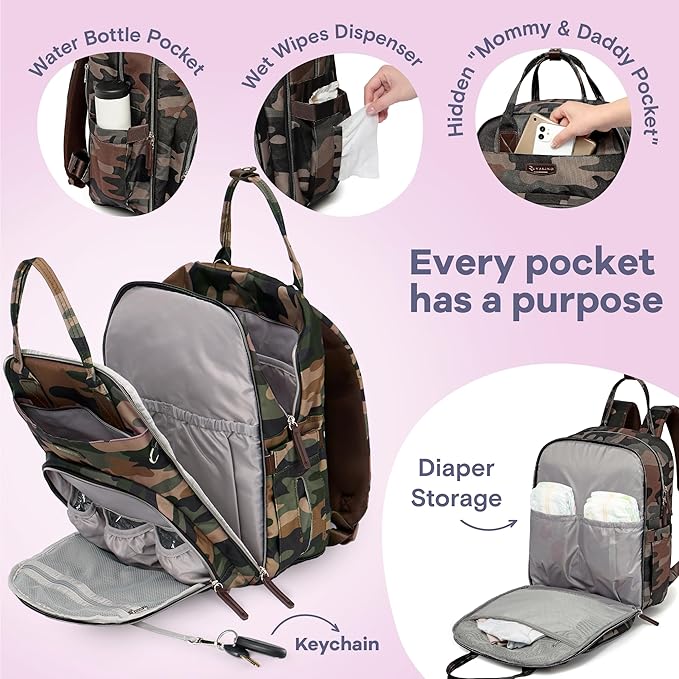 RUVALINO Diaper Bag Backpack, Multifunction Travel Pack Maternity Baby Changing Bags, Large Capacity, Waterproof, Green Camo
