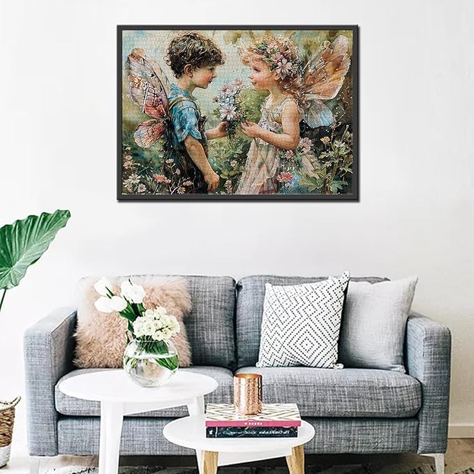 1000 Piece Angel GILR Flowers Jigsaw Puzzle Pixie Boy Wings Jigsaw Puzzles for Adults Elfin Garden Home Decoration Family Puzzle Perfect for Game Nights Ideal Gift Choice 20 x 27 Inch