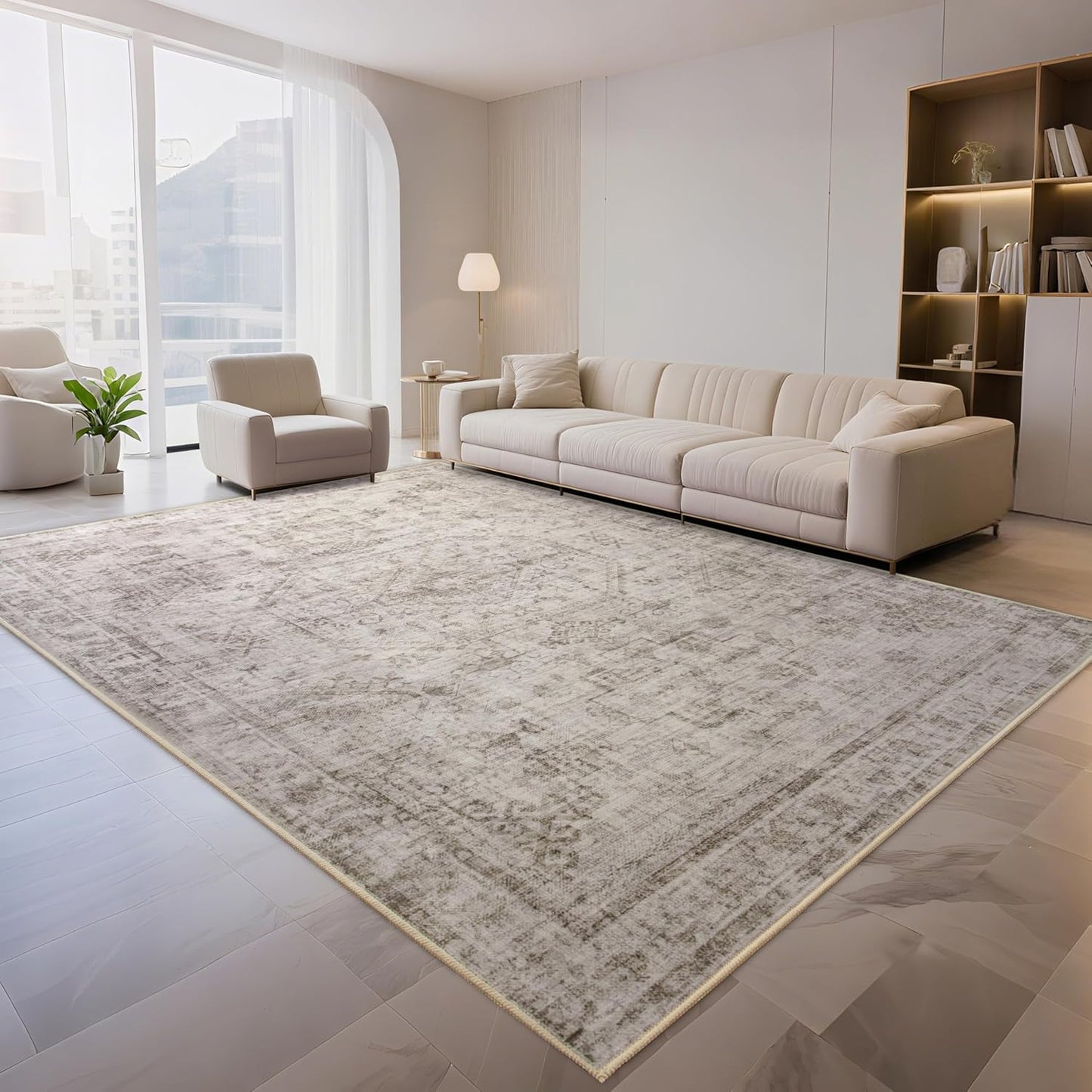 6x9 Washable Area Rug for Living Room, Non-Slip Distressed Rugs for Bedroom Dinning Room, Ultra-Thin Indoor Non-Shedding Vintage Print Carpet for Farmhouse, Home Office, Dorm Light Taupe/Cream