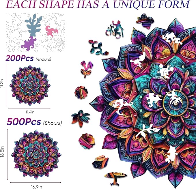 Jiroinlly Wooden Jigsaw Puzzles, Mandela Wooden Puzzles for Adults 200 Pcs, 11.2'' x 11.4'' Luxurious Shaped Wood Puzzle, Beautiful Package, Best Gift for Adults and Kids, Family Game