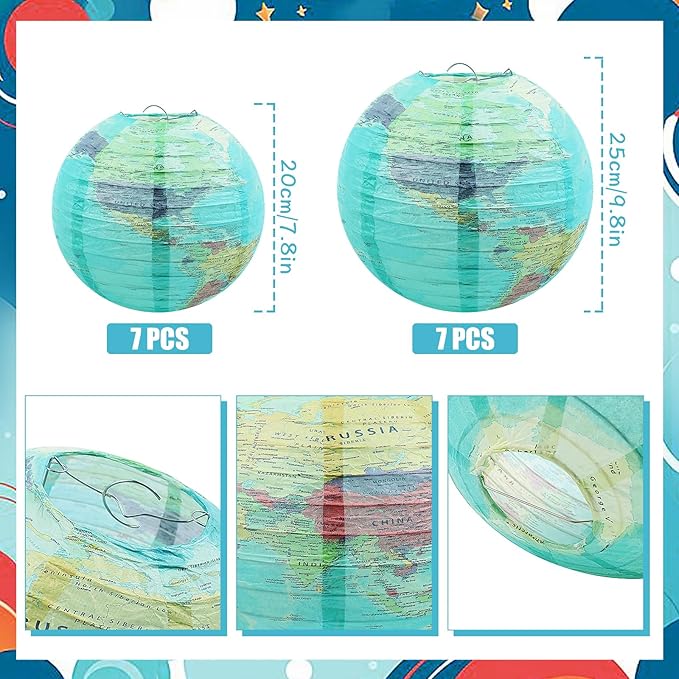 14Pcs World Map Paper Lanterns Classroom Decorations 10 in and 8 in Classroom Hanging Ceiling Decor Earth Globe Lantern Fans for Back to School Around Travel Earth Theme Party Decor Supplies