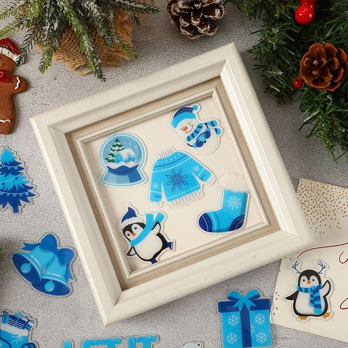 MARFOREVER 50 PCS Winter Gel Window Clings, Reusable Snowman Penguin Snowflake Thick Gel Clings Decals for Christmas Kids Gift Toddlers Classroom Xmas Party Supplies Window Glass Decoration