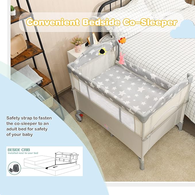 HONEY JOY Pack and Play with Bassinet, 5-in-1 Baby Bedside Sleeper w/Diaper Changing Table & Storage Bag, Toy Arch & Music Box, Detachable Side Rail, Portable Baby Play Yard w/Carry Bag(Beige)