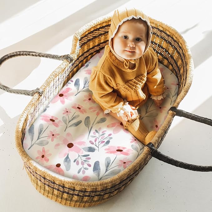 Yoofoss Bassinet Sheets for Baby,3-Pack Fitted Bassinet Sheets Set Compatible with Halo Bassinest Swivel Sleeper,Baby Delight,Angelbliss,Soft Breathable Bassinet Mattress Sheets (Pink+Floral)