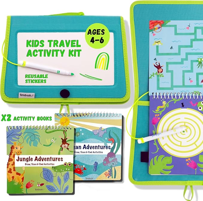 Totebook Kids Travel Educational Activity Book with Washable Markers - Car and Airplane Activities, Learning Toys for Toddlers- Reusable Stickers for Ages 4, 5, 6 (Jungle & Extra Ocean Book)