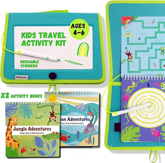 Totebook Kids Travel Educational Activity Book with Washable Markers - Car and Airplane Activities, Learning Toys for Toddlers- Reusable Stickers for Ages 4, 5, 6 (Jungle & Extra Ocean Book)