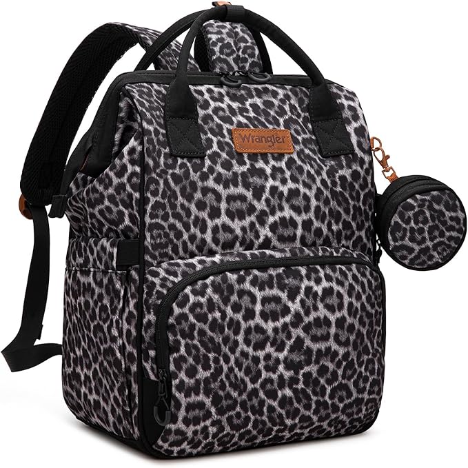 Wrangler Leopard Print Backpack Multifunction Baby Travel Bag with Changing Pad, Stroller Straps and Pacifier Case WG2204-91103LP-BK