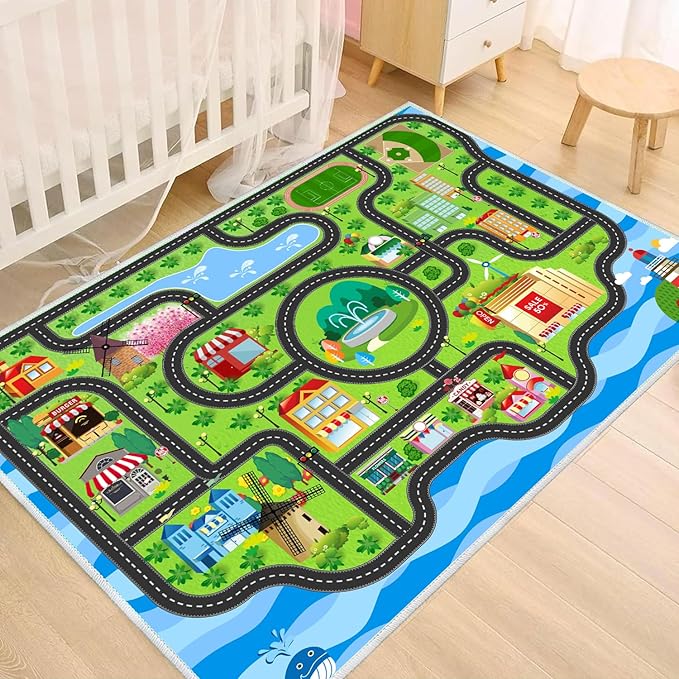 Car Rug,Kids Play Rug with Roads,Playroom Toy Car Rug, Car Track Rug City Map for Bedroom Classroom - (59X39.4 Inches)