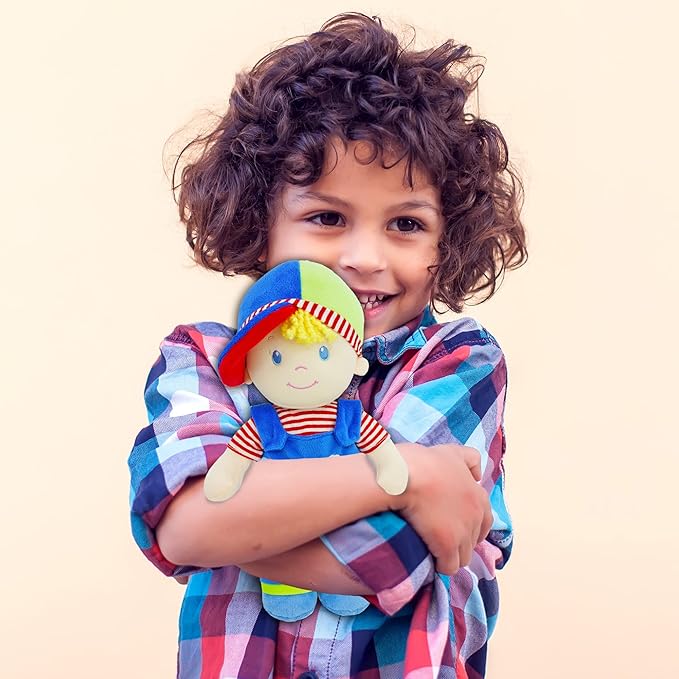 June Garden Personalized Soft Dolly Ben - Stuffed Soft Baby Boy Doll for Birth and Up with Custom Name - Blue Outfit - 13"