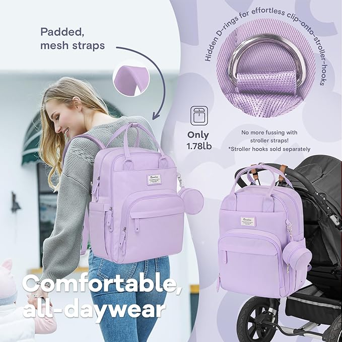 RUVALINO Diaper Bag Backpack, Multifunction Travel Pack Maternity Baby Changing Bags, Large Capacity, Waterproof, Taro Purple