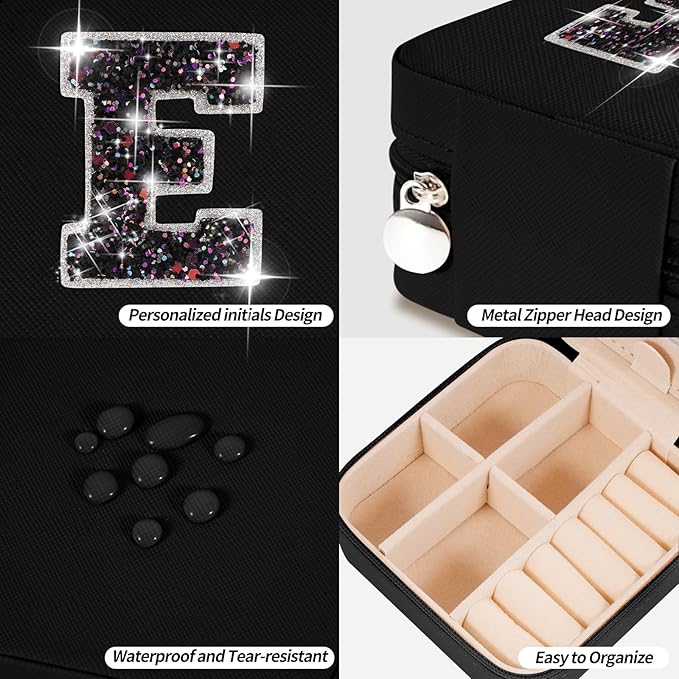 Travel Essentials for Women - Travel Accessories Travel Stuff,Mini Jewelry Organizer Jewelry Case for Traveling,Cute Personalized Jewelry Box,Birthday Gifts for Girls Women | Black,E