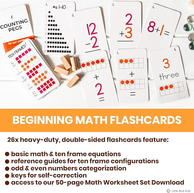 LITTLE BUD KIDS Counting Pegs - A Ten Frame Math Game with Addition and Subtraction Flash Cards, A Wooden Montessori Math Toy & Math Manipulatives Number Peg Boards for Kids 3 4 5 6 7