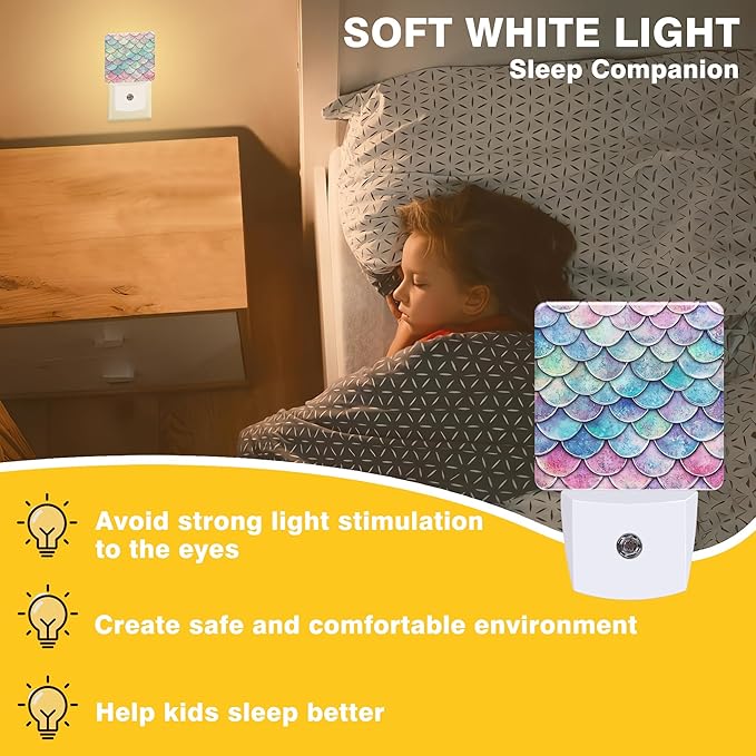 Mermaid Scales Night Light, Plug-in Nightlight with Dusk to Dawn Auto Sensor for Home Bedroom Bathroom Hallway Kitchen 0.5W Sleep Friendly Led Lamp for Women Men