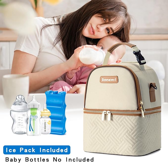 Breastmilk Cooler Bag with Ice Pack & Mat Fit 6 Bottles Up to 9 Ounce, Breast Milk Pump Cooler Bag for Moms Daycare,Work&Travel, Cream