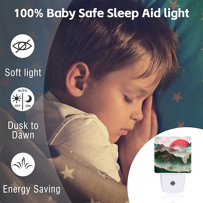 Green Mountain with Red Moon Night Light for Kids,Abstract Natural Landscape Painting Night Light Plug in with Dusk to Dawn Sensor,0.5w Energy Saving Nightlight for Hallway Stairway Kitchen Bedroom