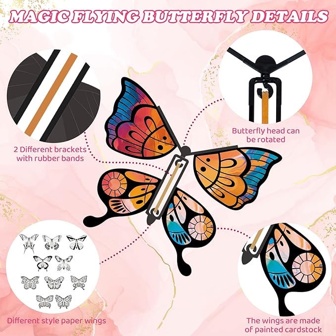 JOY SPOT! 28 Pack DIY Butterfly Craft Kit for Kids, 16 Paper Butterflies and 13 Color Pens, Make Your Own Rubber Band Wind Up Butterfly Toy, Perfect for Party Games, School Activities, Surprise Cards