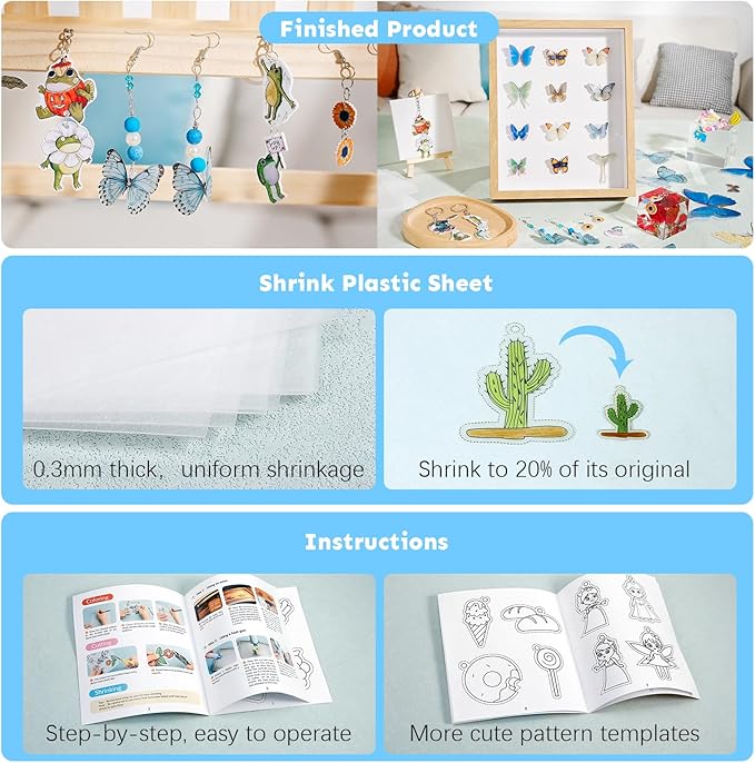 Auihiay Shrink Plastic Sheet Kit, Include UV Resin, UV Lamp, 20PCS Shrink Papers and Rich DIY Tools for Crafts Kids Jewelry Making, DIY Key Chains, Earrings