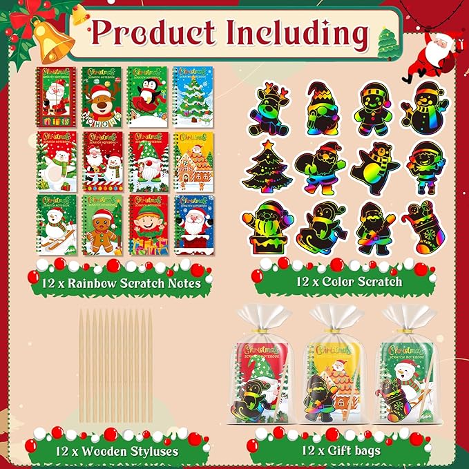12 Pack Christmas Scratch Art Party Favors for Kids - Rainbow Scratch Paper with Christmas Scratch Off Cards Easter Birthday Goodie Bags Stuffers - Winter Holiday Gifts DIY Classroom Prizes