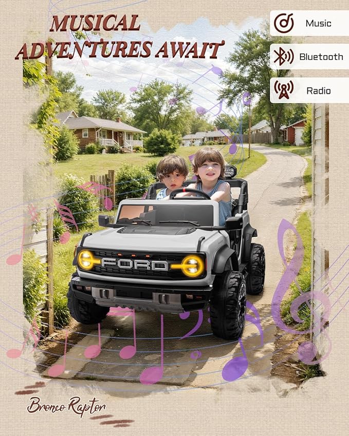 Licensed Ford Bronco Raptor 24V 2 Seater Kids Ride on Toys, Battery Powered Electric Ride on Car, Remote Control Electric Car w/Led Lights, Music, High Low Speed (24V, White)