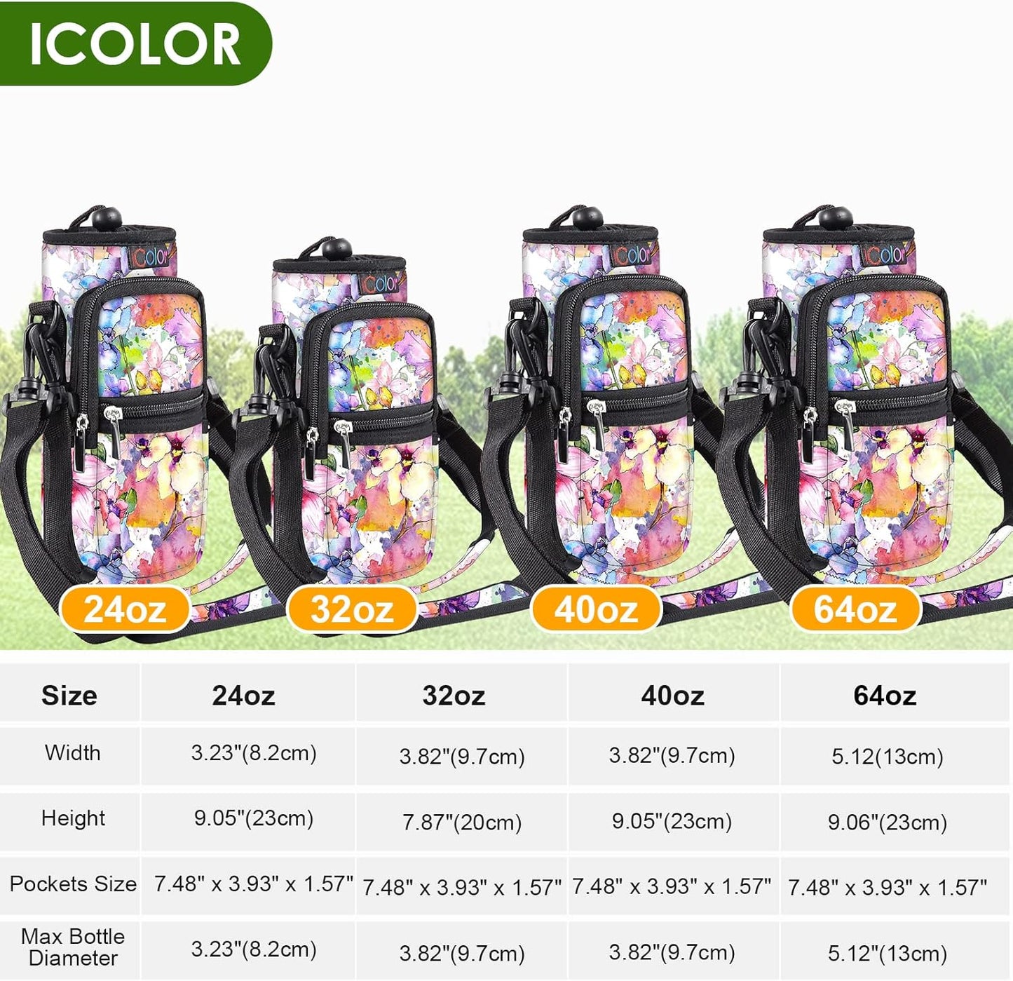 icolor Water Bottle Carrier Bag with Strap 25/32/40 oz Crossbody Bottle Holder with Phone Pocket Sling Sleeve Insulated Neoprene Water Bottle Pouch for Walking Travelling