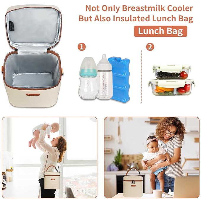 Mancro Breast Milk Cooler Travel Bag with Ice Pack, Insulated Baby Bottle Bag Fits for 6 Baby Bottles Up to 9 Ounce with Detachable Shoulder Strap, Breastmilk Cooler for Working Mom or Daycare, Beige