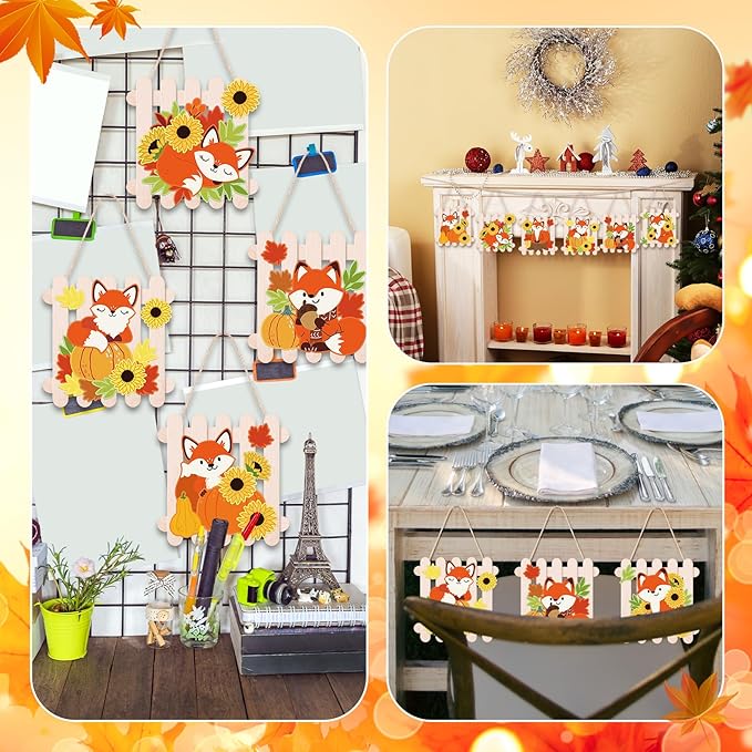 Jetec 24 Sets Fall Sticker Crafts Kits DIY Wooden Fox Fence Autumn Ornament Crafts with Stick Make Your Own Fall Fox Handmade Artwork for Autumn Thanksgiving Party Favors Home Activity Decoration