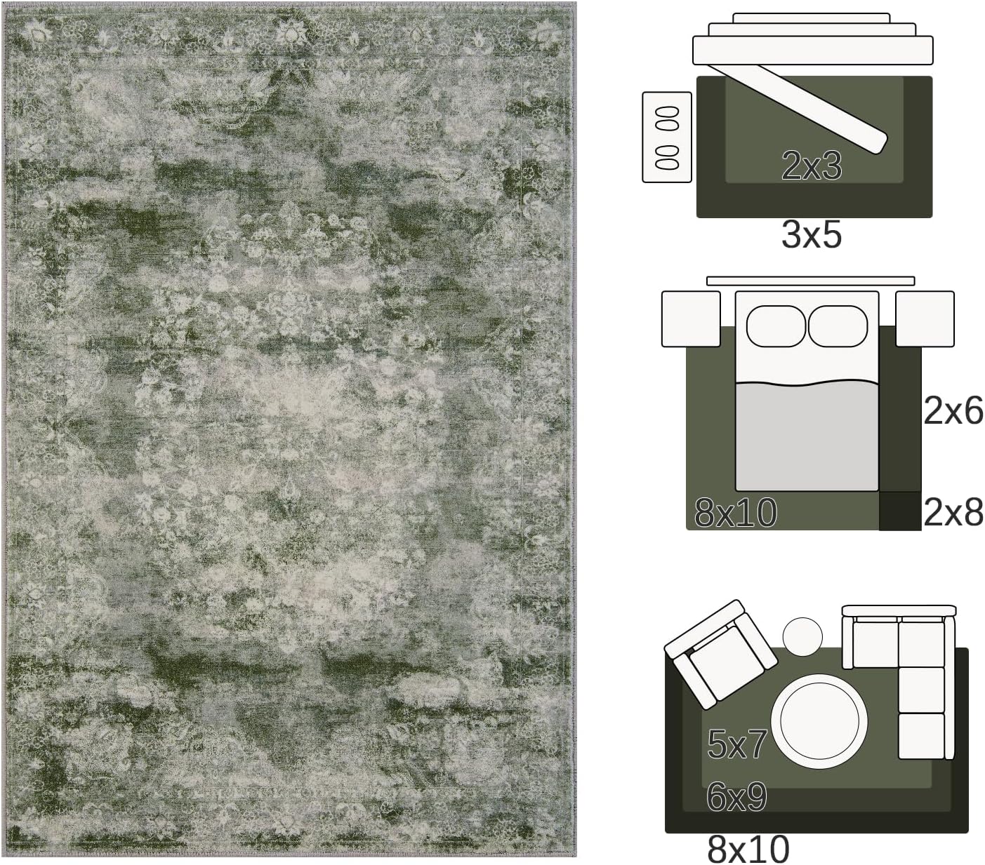 jinchan Washable Area Rug 8x10 for Living Room - Soft Faux Wool Ultra-Thin Stain Resistant Non-Slip Distressed Vintage Floral Large Carpet for Bedroom,Dining Room,Home Office,Nursery(Green, 8'x10')