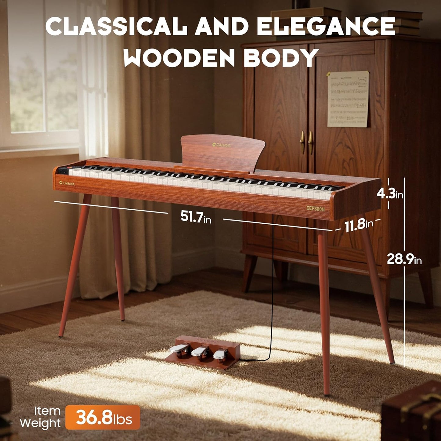 CAHAYA Digital Piano 88 Key - Full-size Weighted Electric Piano Wooden Body with 380 Sounds Triple Pedal for Beginners Supports USB-MIDI