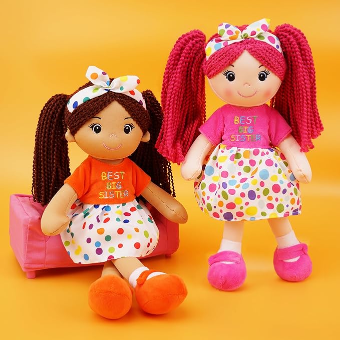 June Garden 14" Snuggle Cutie Lila – Best Big Sister Soft Plush Doll – Stuffed Girl Doll with Polka Dot Dress and Bow for Toddlers & Big Sister Announcements - Orange M