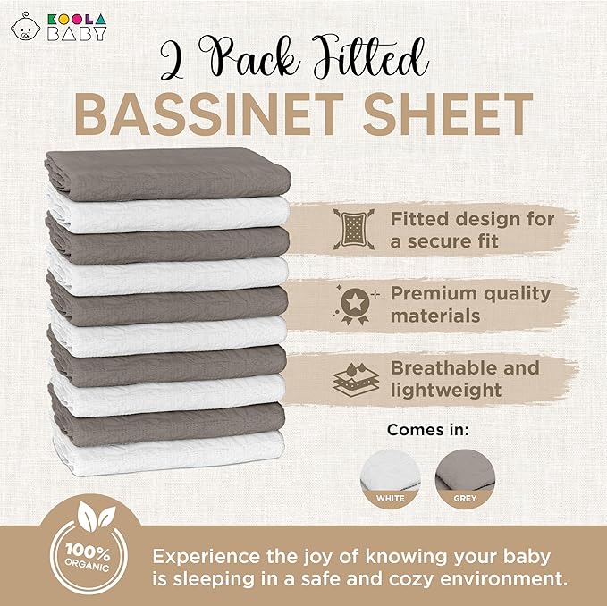 Bassinet Fitted Sheets - Compatible with 4moms Breeze Plus Bassinet Model 1045 | 100% Organic Muslin Cotton - White + Grey | 30x23 (2 Pack)