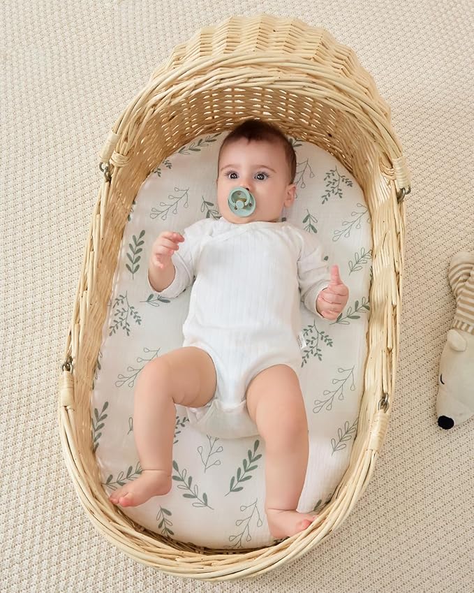 JELLYMONI 2-Pack Muslin Bassinet Sheets for Girls Boys, 100% Cotton Bassinet Mattress Sheets Soft Breathable Universal Fit for Baby Bassinets, Moses Basket, Hourglass Oval and Rectangle Mattress