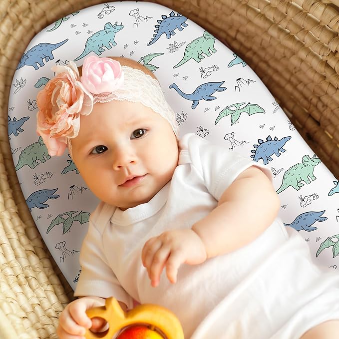 Baby Bassinet Sheets Girl Boy, Fitted Bassinet Sheet Set 3 Pack Bassinet Mattress Sheets Universal Fit for Rectangle, Round, Oval, Hourglass Mattress, Soft Breathable Green & Blue Dinosaur