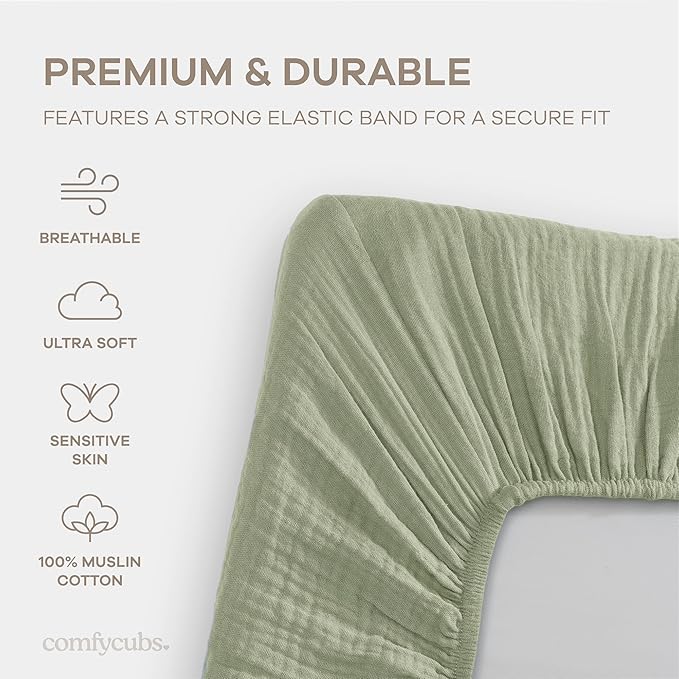 Comfy Cubs Muslin Bassinet Sheet - 100% Soft Cotton Fabric, Breathable & Gentle for Baby’s Sensitive Skin - Universal Fit with Secure Elastic Edging, Gift-Ready Packaging - Sage