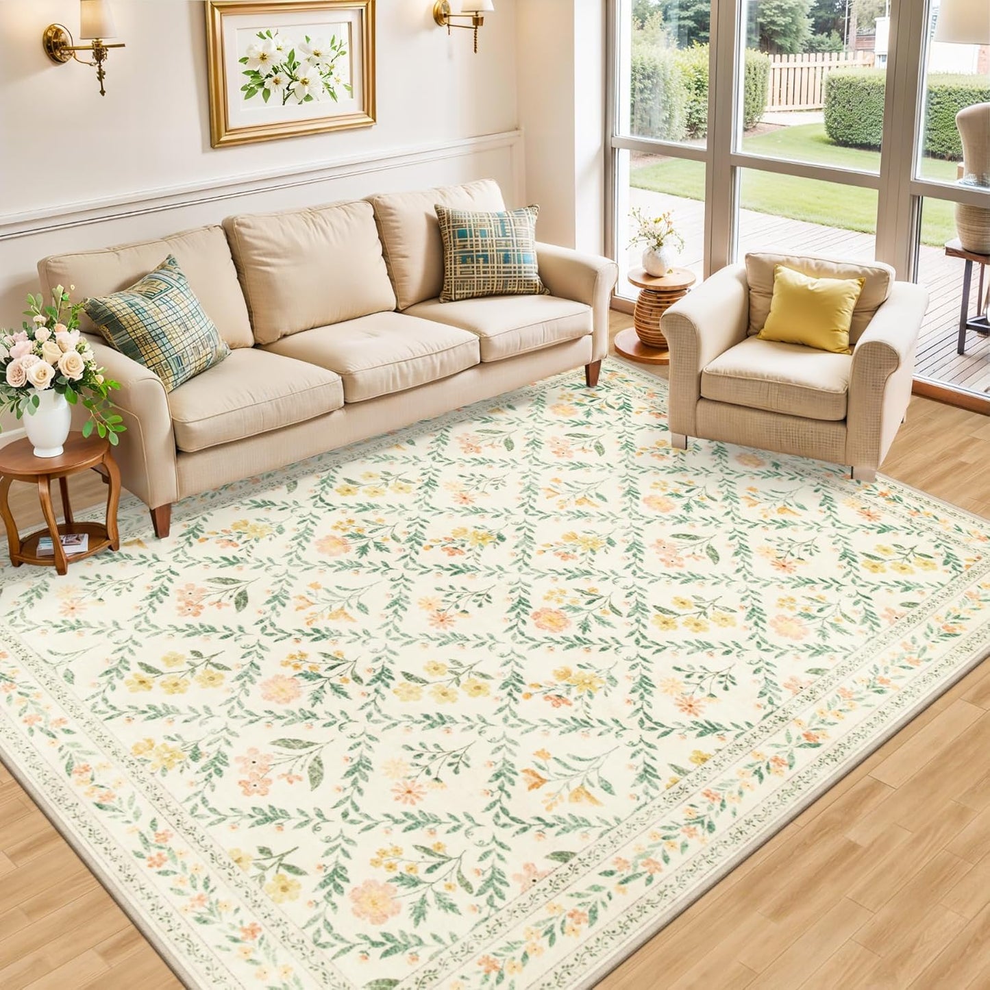 6x9 Area Rugs for Living Room: Floral Washable Rug Vintage Large Soft Boho Non-Slip Carpet Indoor Stain Resistant Thin Carpets for Bedroom Dining Room Farmhouse Nursery Hallway Home Office Beige/Multi