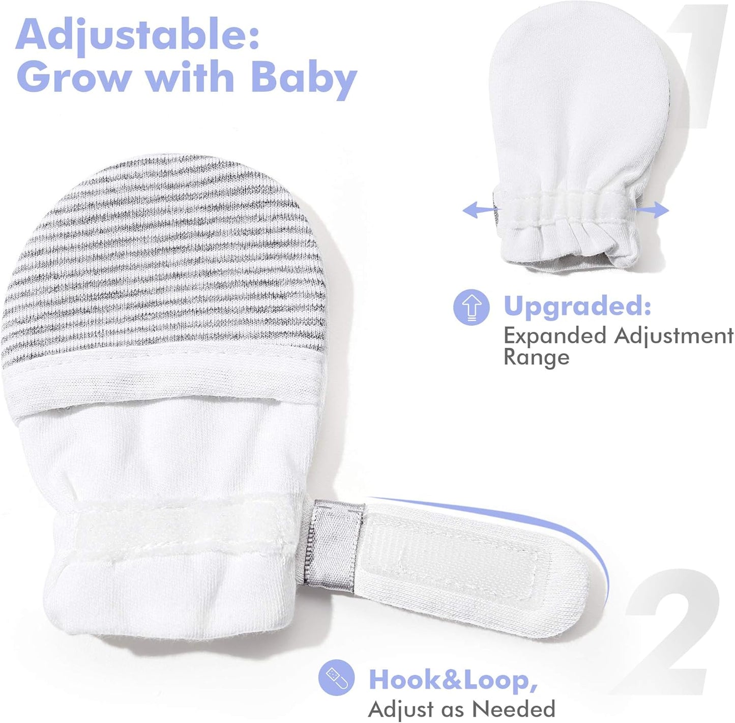 HAPIU Baby No Scratch Mittens Stay On, 100% Cotton Breathable, Adjustable Infant Gloves for Boys Girls, Newborn - 12 M