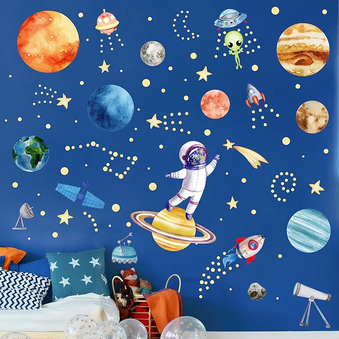 Watercolor Solar System Wall Decals, Glow in The Dark Stars, Kids Planets Sticker for Ceiling, Astronaut Wall Stickers for Bedroom, Blue