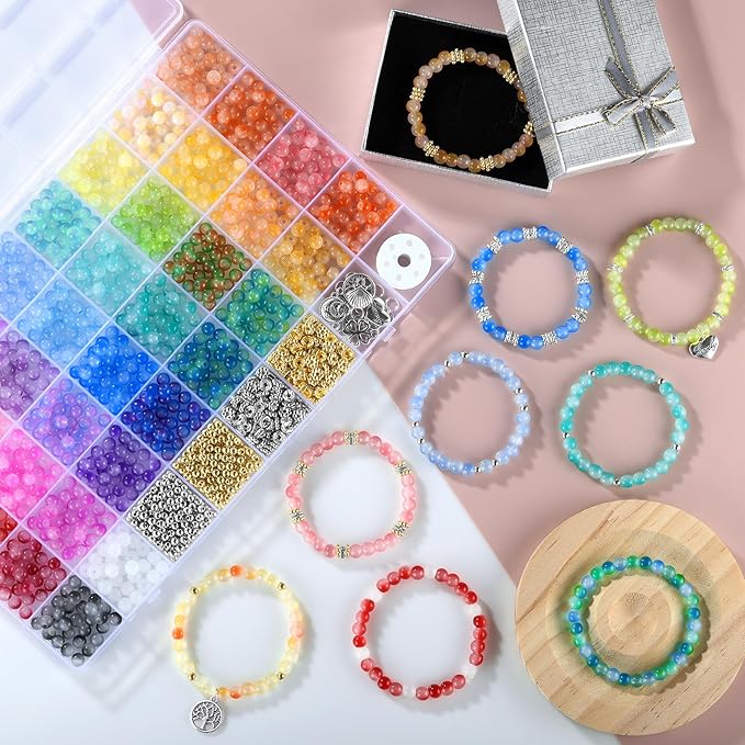 Funtopia 6mm Glass Beads Bracelet Making Kit, 1396pcs Gradient Glass Beads for Bracelets, 34 Colors Round Crystal Beads for Bracelets DIY Crafts with Spacer Beads and Charms