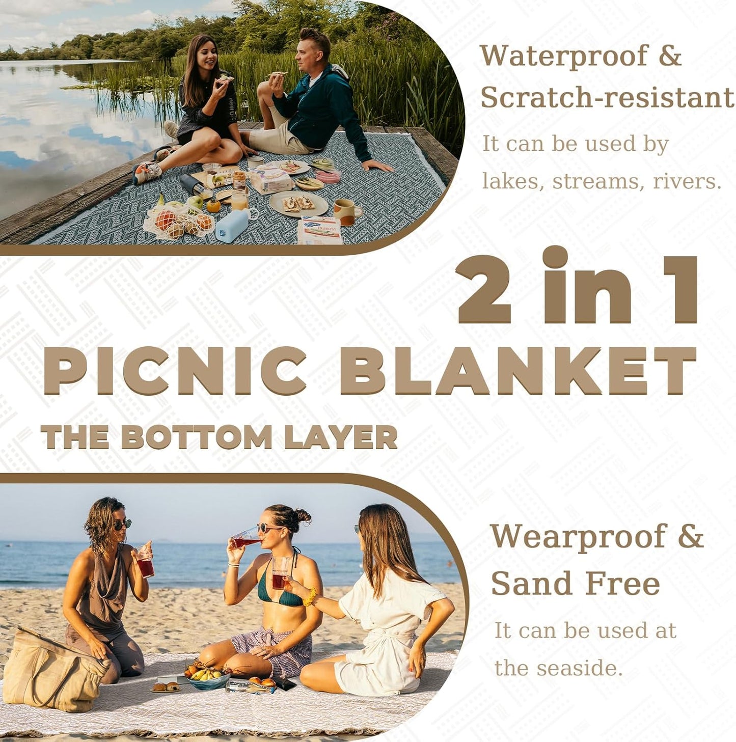 Genovega 2 in 1 Extra Large Outdoor Picnic Blanket Waterproof Woven Boho Mat Giant Beach Towel Travel Essential Yoga Accessories Park Patio Lawn Garden Grass Ground Music Festival Concert Must Have