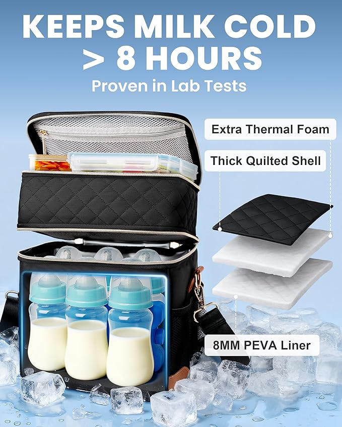 Breastmilk Cooler Bag with Ice Pack, Upgraded Breast Milk Cooler Waterproof Baby Bottle Cooler Bag Fits 6 Baby Bottles Up to 9 Ounce Leak-Proof Bottle Storage Bag for Nursing Moms