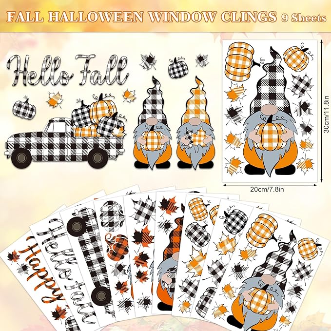 Whaline 9 Sheet Fall Halloween Window Clings Plaid Gnome Pumpkin Truck Maple Leaf Reusable Window Decals for Autumn Thanksgiving Harvest Party Home School Decor