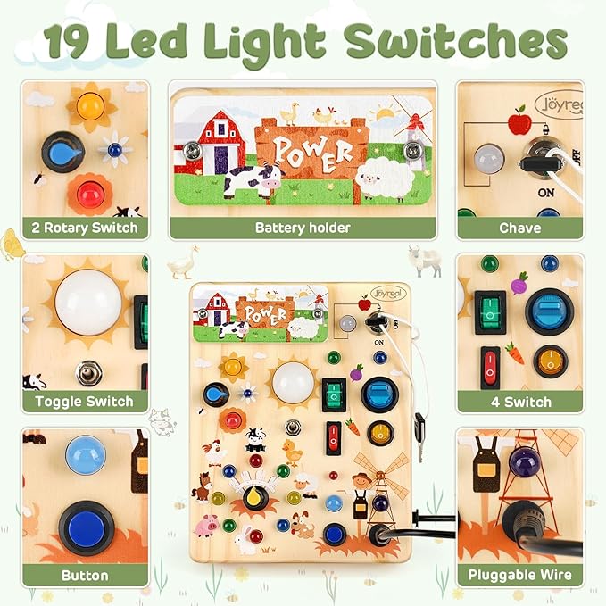 Joyreal Montessori Busy Board Wooden Sensory Toys for Toddler with LED Light Up Switch, Baby Fidget Board Travel Toys for 18+ Months, 1 2 3 Year Old Boys Girls Toddler Toy Gifts (Farm)