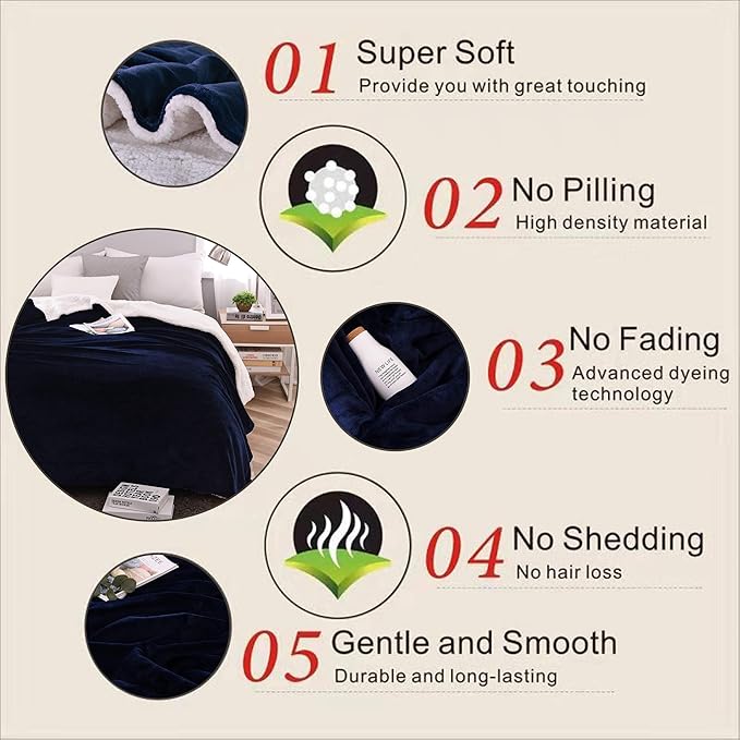 NANPIPER Sherpa Blanket Warm Blankets for Winter Super Soft Fuzzy Flannel Fleece/Wool Like Reversible Velvet Plush Couch Blanket Lightweight(Navy Blue Throw Size 50"x60")