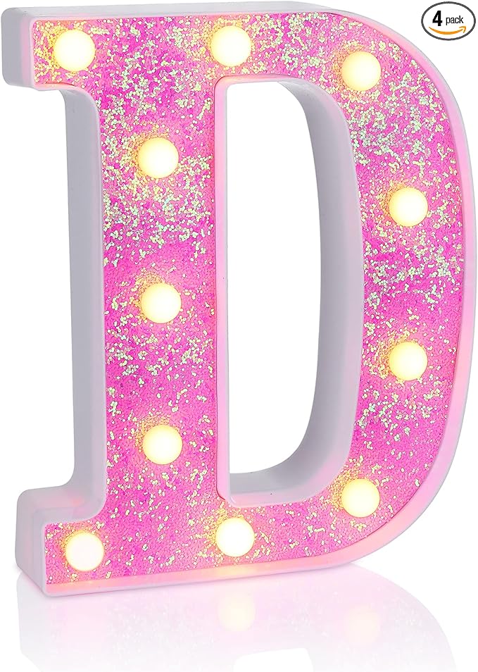 Foaky Pink Light up Letters，Pink Party Decorations,Girls Room Decor,Glitter Light Up Letters,Alphabet Letter Sign for Night Light Birthday Party Girls Gifts, Home Bar Decoration（D）