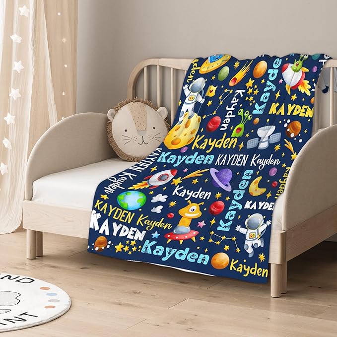 Personalized Baby Blanket for Girls Boys Kids Planet Astronaut Custom Baby Blanket with Name Throw Birthday Gift for Toddlers Infants Shower Newborns Nursery Stroller Crib Bed Decor