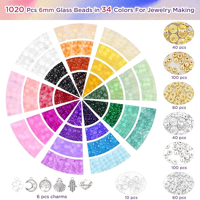 1368pcs 6mm Glass Beads for Bracelets, 34 Colors Crystal Beads for Jewelry Making, Funtopia Round Glass Beads for DIY Earrings Necklace Crafts with Spacer Beads and Charms, Solid and Gradient Colors