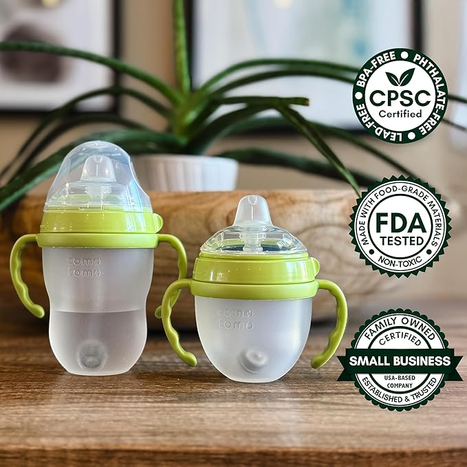 Sippy Cup Conversion Kit for Comotomo Baby Bottles 2-Count, Food Grade Silicone Spout Nipples, All Silicone Weighted Straw, Bottle Handles, Cleaning Brush, BPA-Free, 4+ Months (Sippy Spout, Green)
