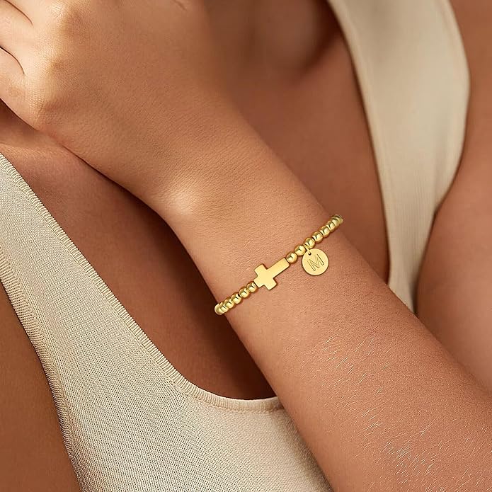 Gold Initial Bracelets for Women Girls Kids, Dainty 18K Gold Plated Cross Initial Bracelet Non Tarnish Beaded Bracelets Personalized Birthday Gifts for Women Girls Jewelry