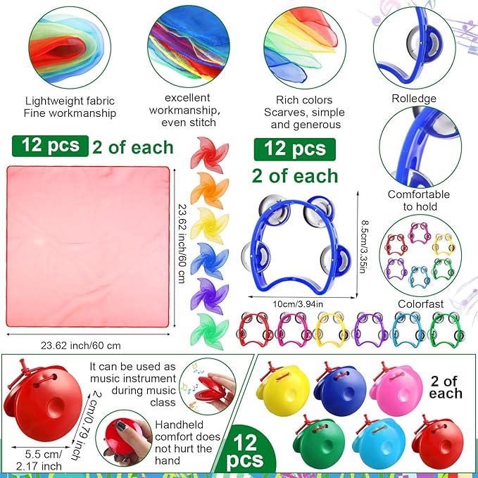 96 Pcs Musical Instruments Learning Percussion Toy Include 12 Egg Shakers 12 Sand Hammers 12 Hand Clappers 12 Rhythm Sticks 12 Hand Bells 12 Handheld Cymbals 12 Dance Scarves 12 Finger Castanets