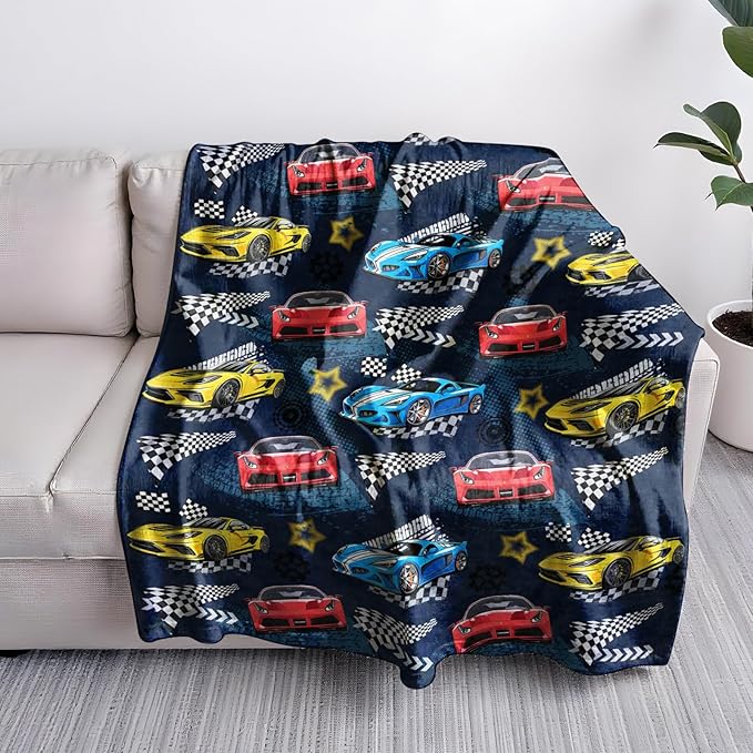 Car Blanket, Racing Car Flannel Blanket for Boys, Race Track Themed Room Decoration for Kids, Soft Cozy Gifts for Game Lover 50 * 60 Inches