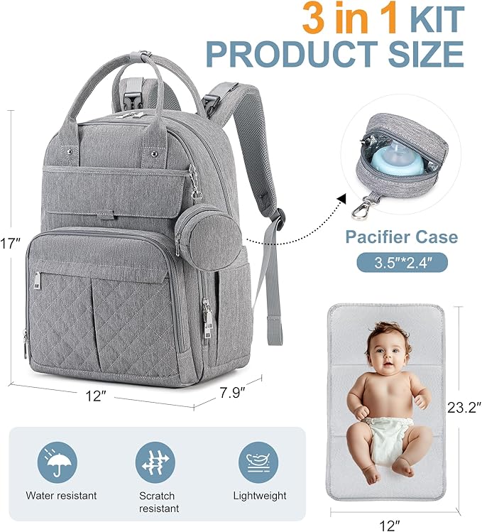MOONBABY Diaper Bag Backpack, Baby Diaper Bags with Portable Changing Pad and Pacifier Case, Multifunctional Travel Diaper Backpacks, Unisex Baby Bags, Grey
